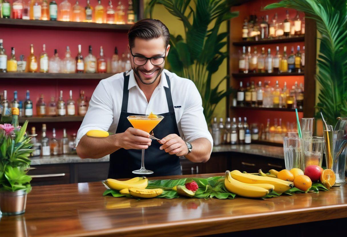 A vibrant bar scene showcasing a skilled bartender mixing tropical cocktails with fresh bananas and plantains. Colorful ingredients scattered across the countertop, including vibrant garnishes and unique glassware. The background features shelves lined with exotic liquors and plants, creating a lush, inviting atmosphere. Bright, playful lighting enhances the mood of creativity and fun. A whimsical touch of floating cocktail recipe notes in the air. super-realistic. vibrant colors. 3D.