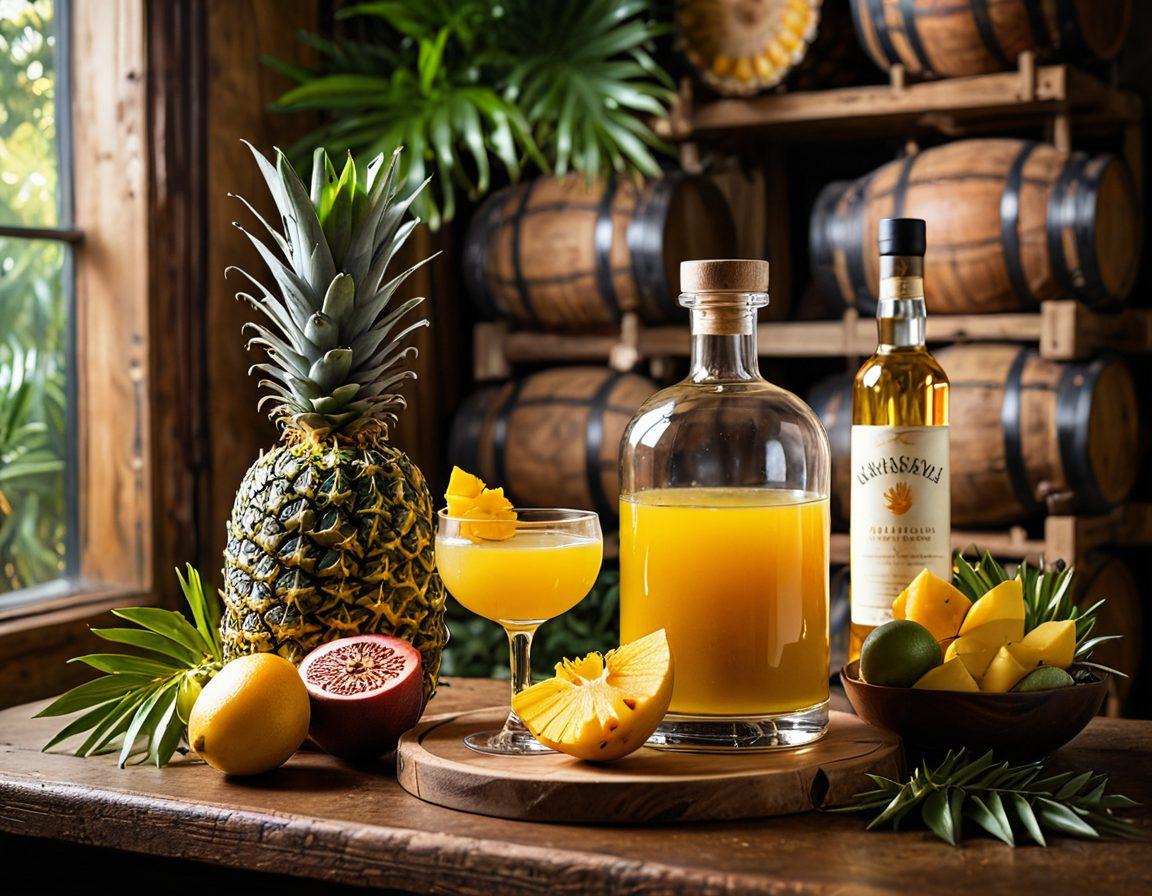 A close-up view of colorful tropical fruits like pineapples, mangoes, and passion fruits being sliced, with a shimmering glass of fruit spirit capturing light. The background features an artisanal distillery with wooden barrels and bottles of homemade spirits. Include lush green leaves and a sunset glow to evoke a warm, inviting atmosphere. vibrant colors. super-realistic.