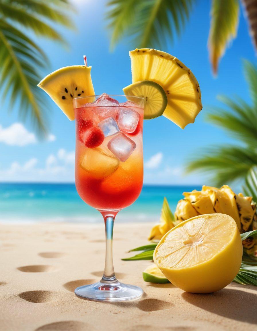 A vibrant tropical beach setting featuring a beautifully crafted cocktail made with banana brandy, garnished with fresh banana slices and colorful umbrellas. The background should show palm trees, a clear blue sky, and distant waves gently lapping at the shore to evoke a relaxing atmosphere. Add sparkling ice cubes to make the drink look refreshing and inviting. super-realistic. vibrant colors. sunny ambiance.